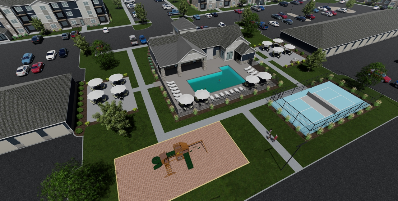 Rendering of the Cedar West clubhouse, pool and sport court