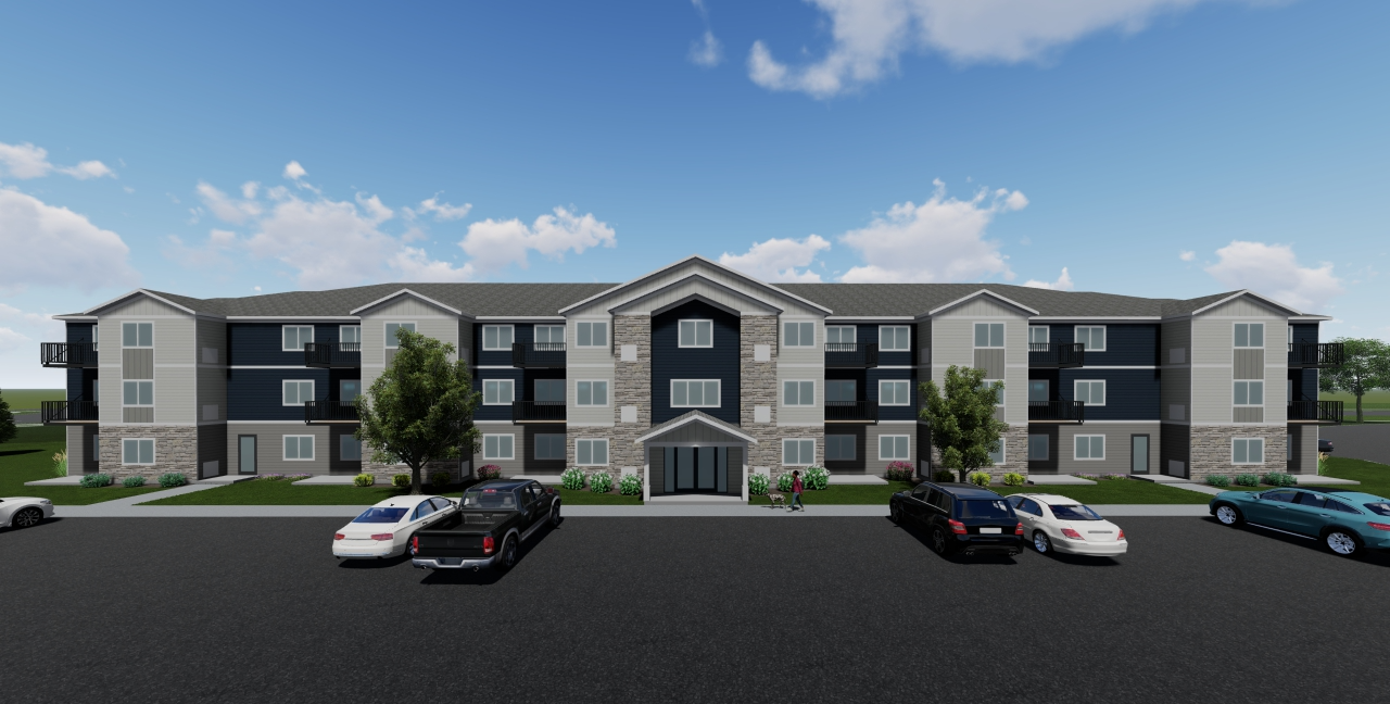 Exterior rendering of a Cedar West apartment building